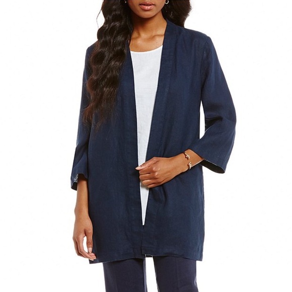 Preston & York Evelyn Navy Crop Sleeve  Linen Lightweight Mid-Length Jacket 6 - Picture 1 of 7